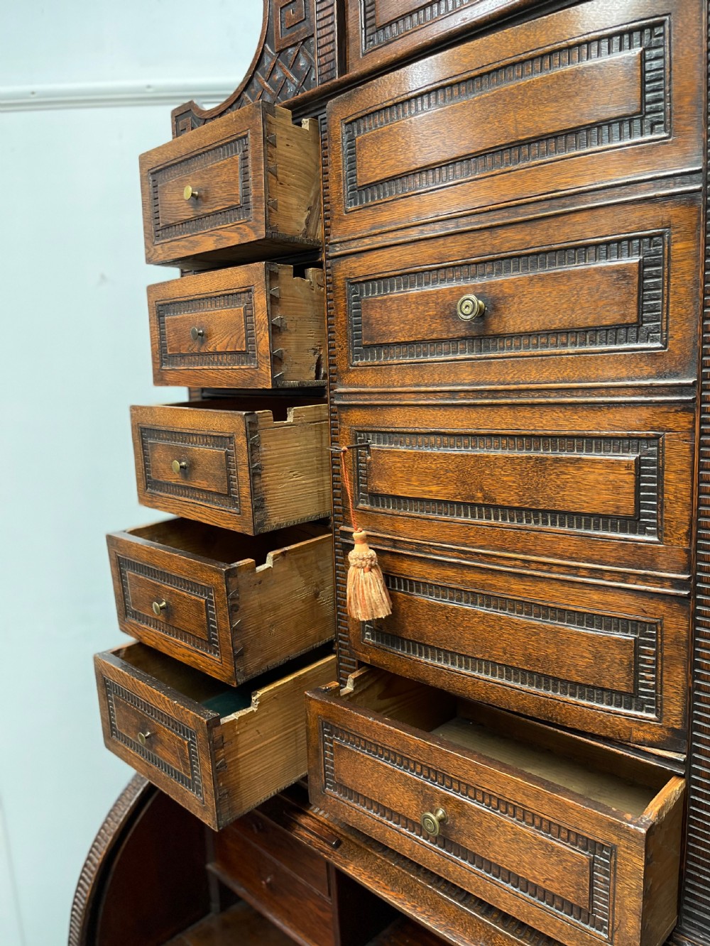 Solid oak Flemish cylinder bureau with drawers View XII