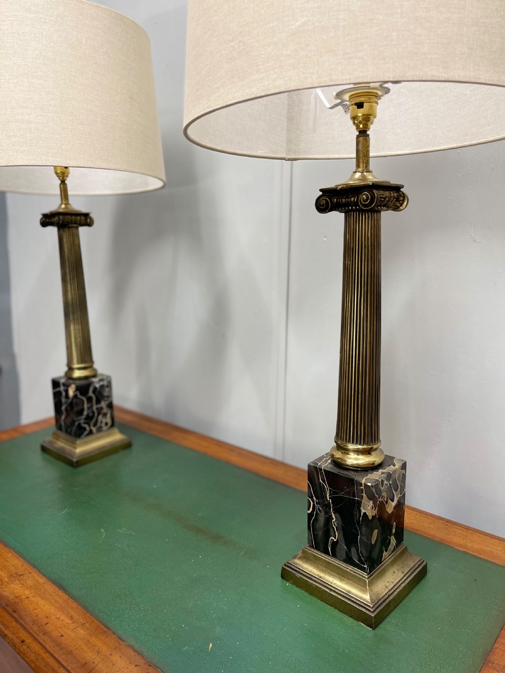 Pair of brass and marble column lamps, inc postage View II