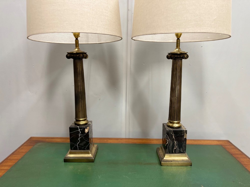 Pair of brass and marble column lamps, inc postage View III