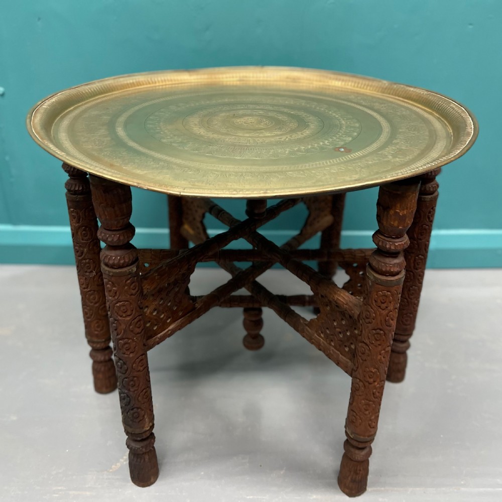 Indian engraved brass tray top folding side table