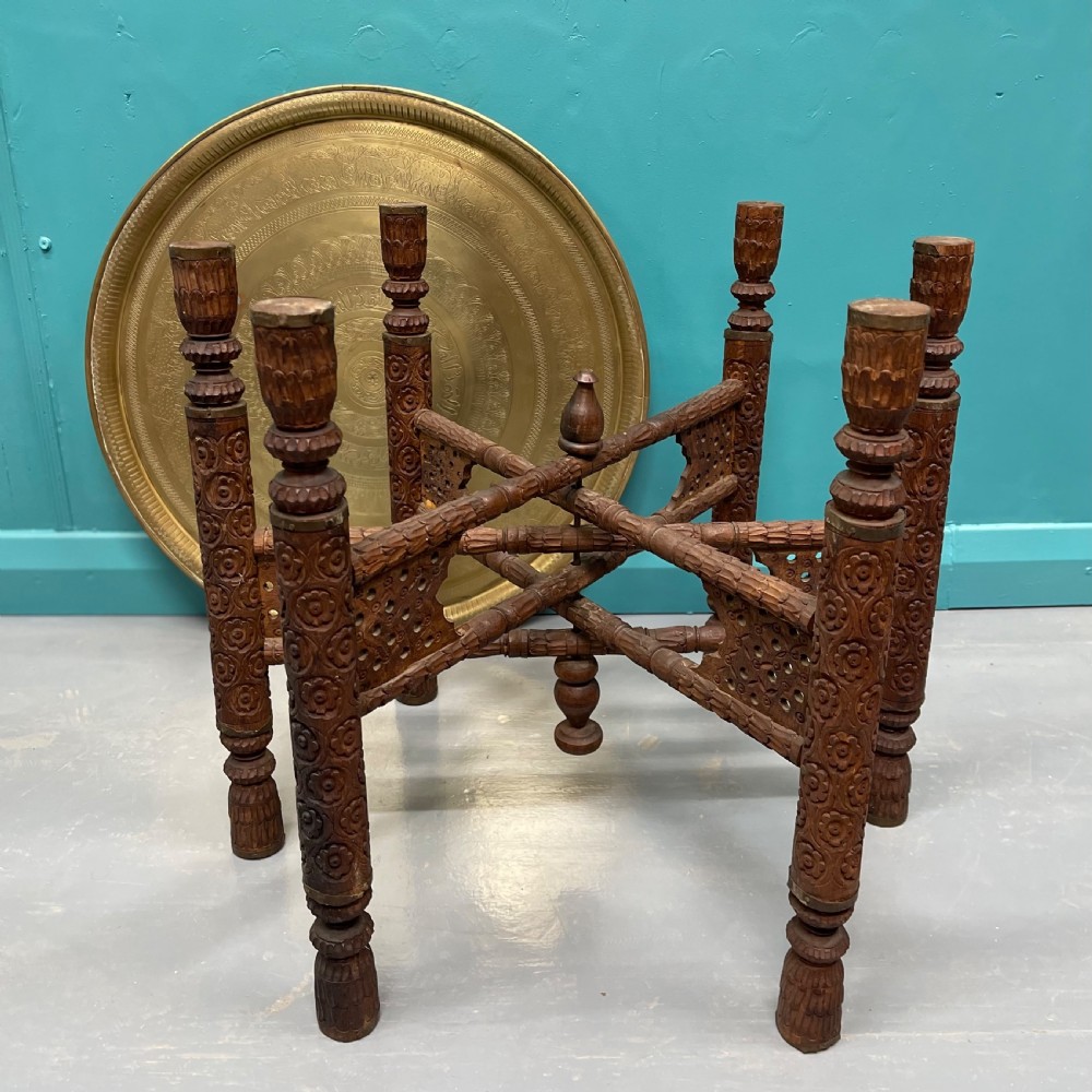 Indian engraved brass tray top folding side table View II
