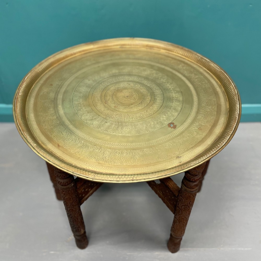 Indian engraved brass tray top folding side table View III