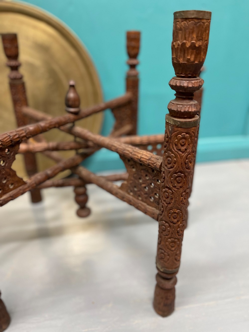 Indian engraved brass tray top folding side table View V