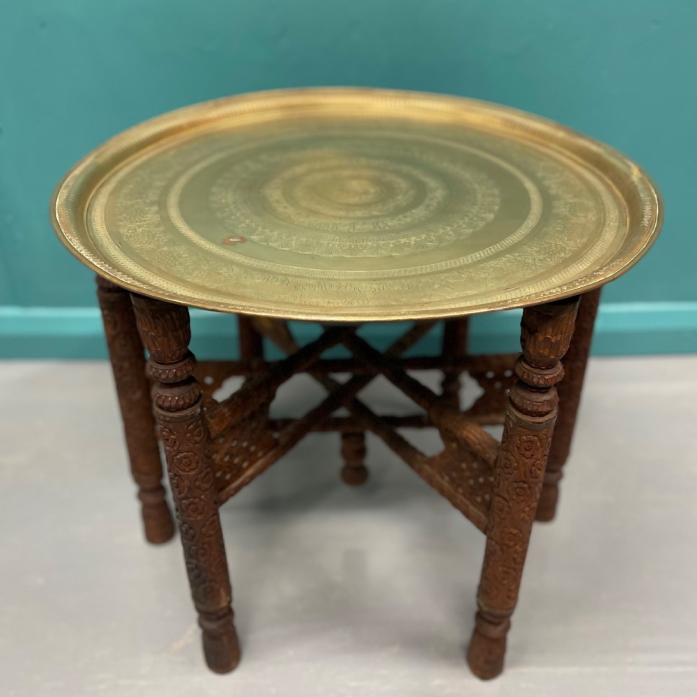 Indian engraved brass tray top folding side table View VI
