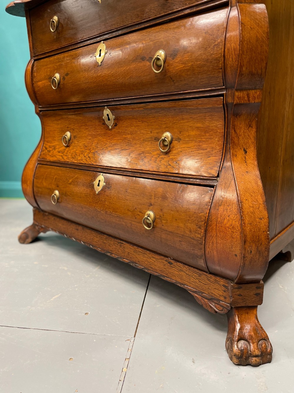 Dutch oak chest of drawers on lions paw feet View II