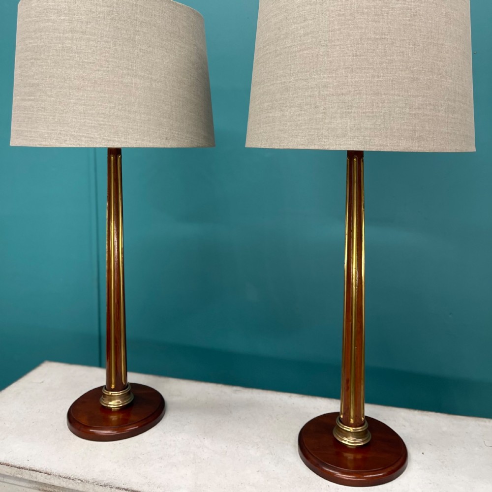 Pair of French brass inlaid column lamps
