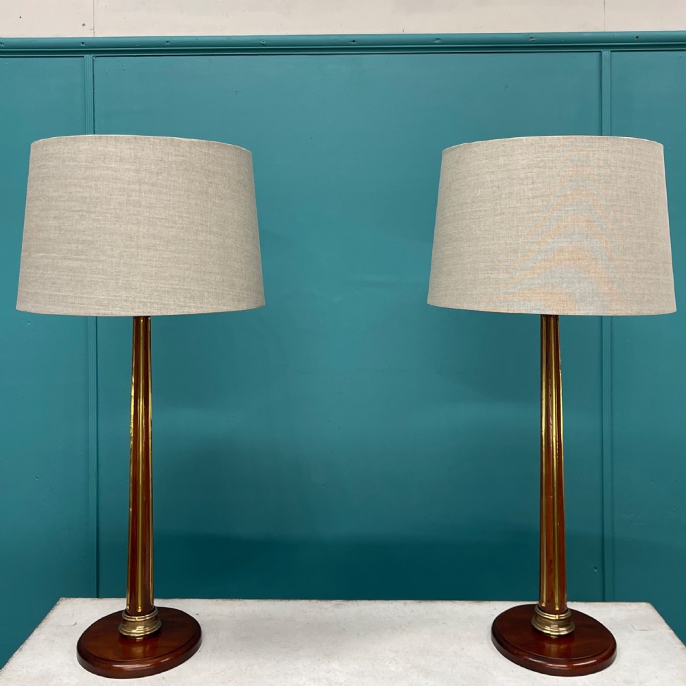 Pair of French brass inlaid column lamps View II