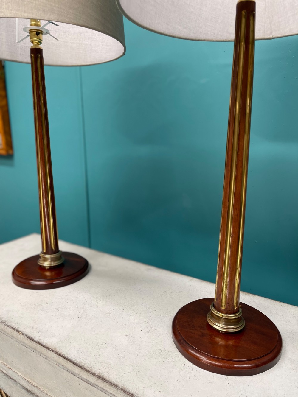 Pair of French brass inlaid column lamps View III