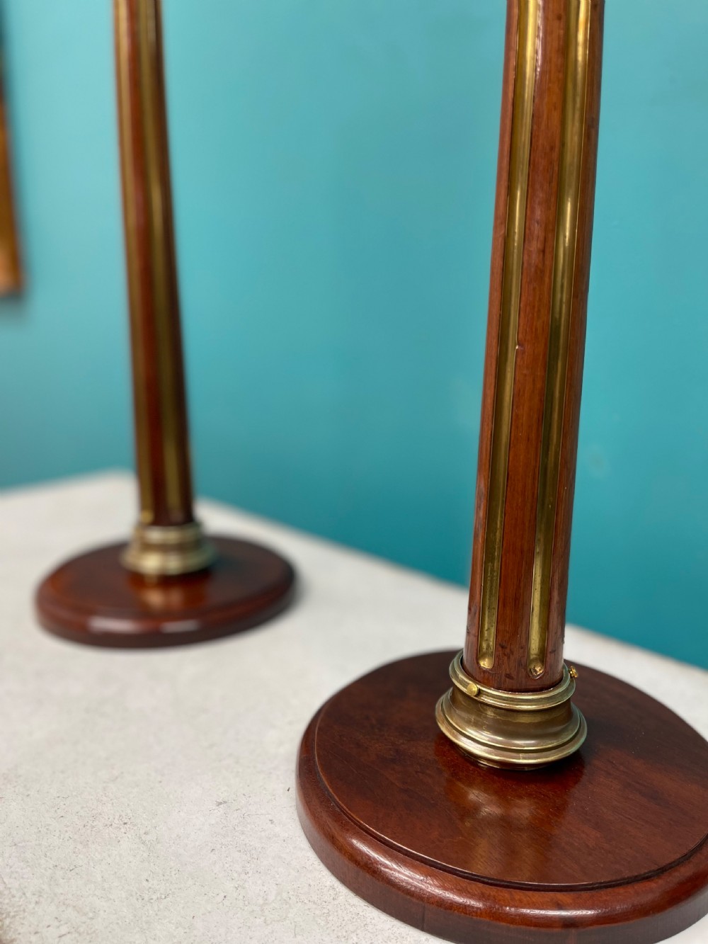 Pair of French brass inlaid column lamps View IV