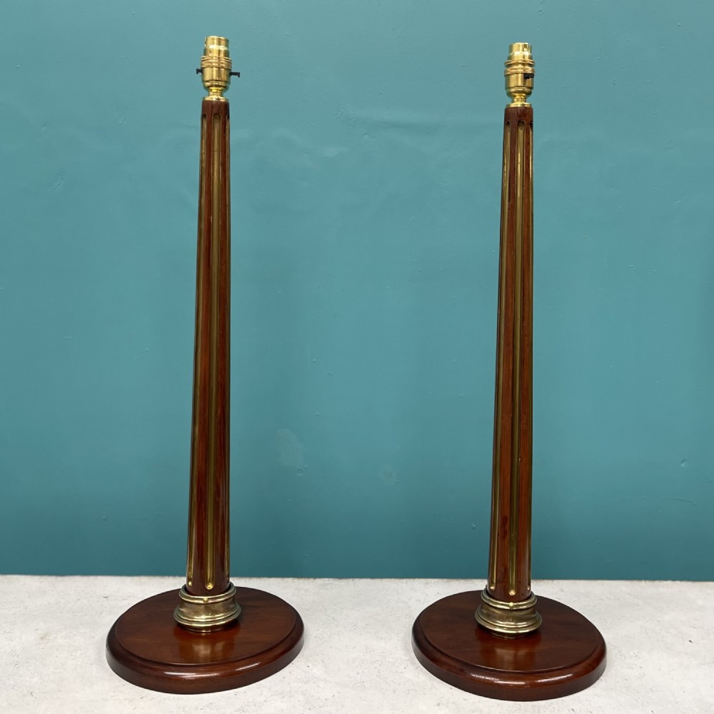 Pair of French brass inlaid column lamps View V