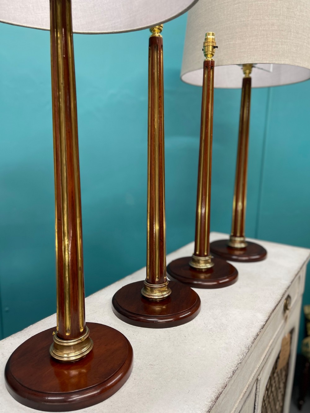 Pair of French brass inlaid column lamps View VI