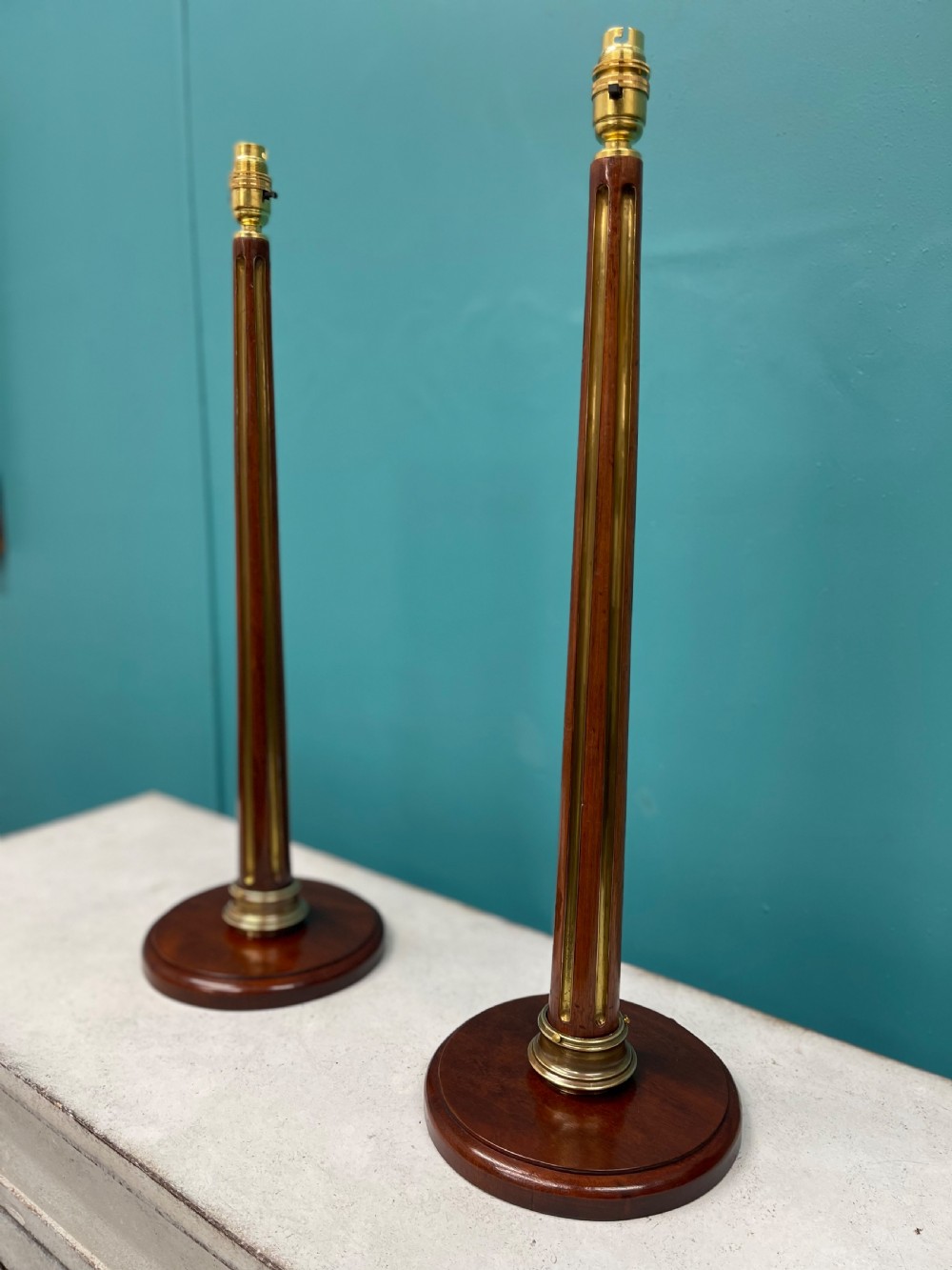 Pair of French brass inlaid column lamps View VII