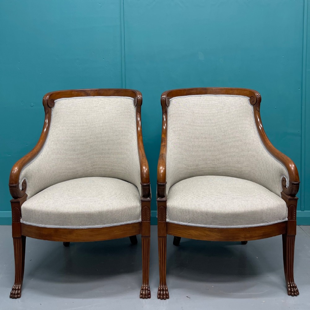 Newly upholstered pair of French Empire tub chairs View III