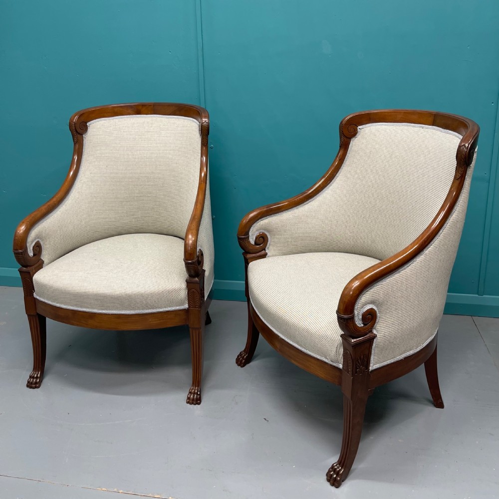 Newly upholstered pair of French Empire tub chairs View IV