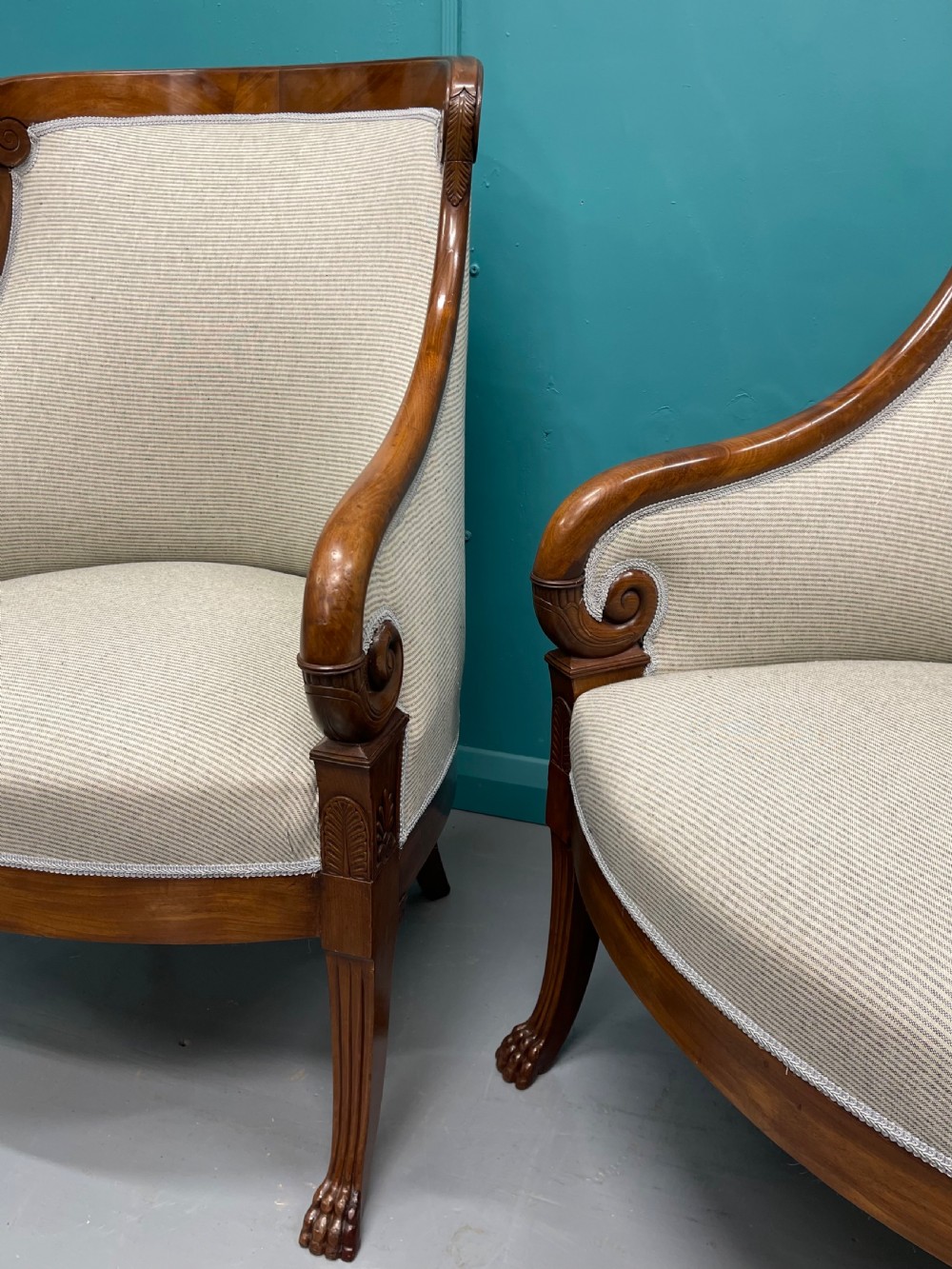 Newly upholstered pair of French Empire tub chairs View VII