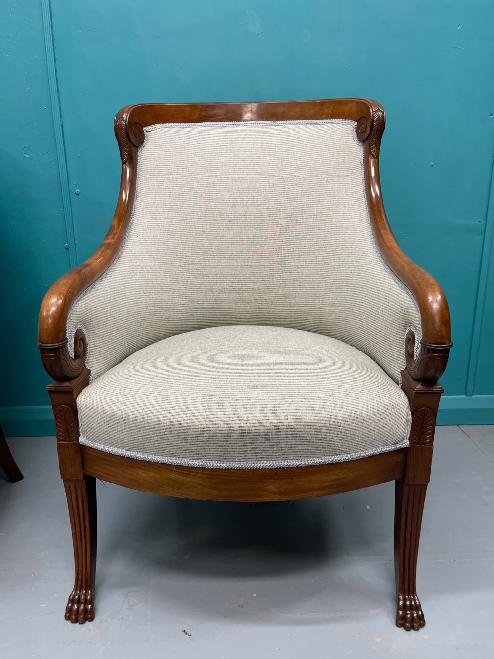 Newly upholstered pair of French Empire tub chairs View IX
