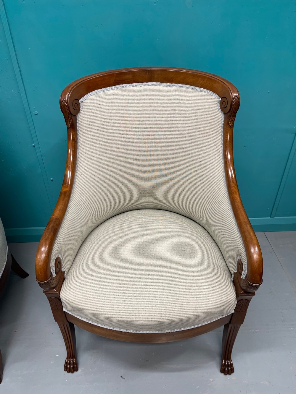 Newly upholstered pair of French Empire tub chairs View X