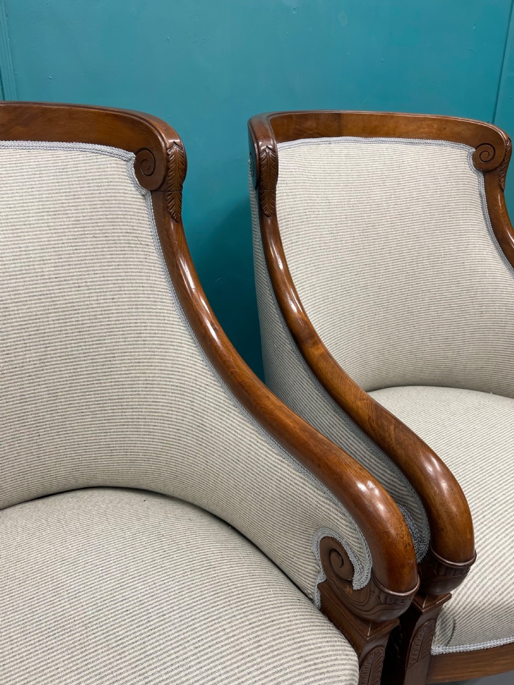 Newly upholstered pair of French Empire tub chairs View XII