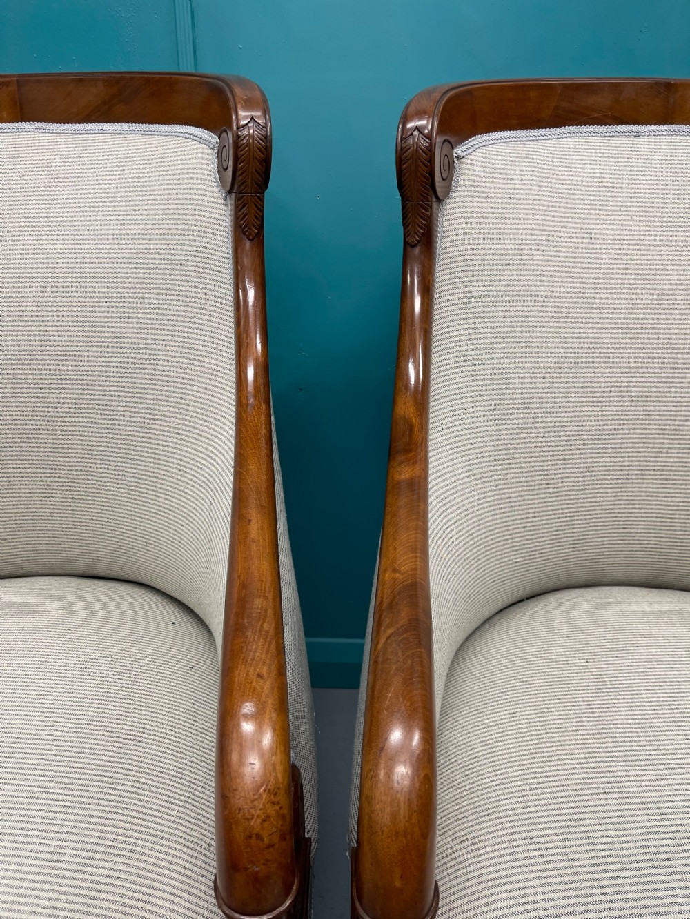 Newly upholstered pair of French Empire tub chairs View XIII
