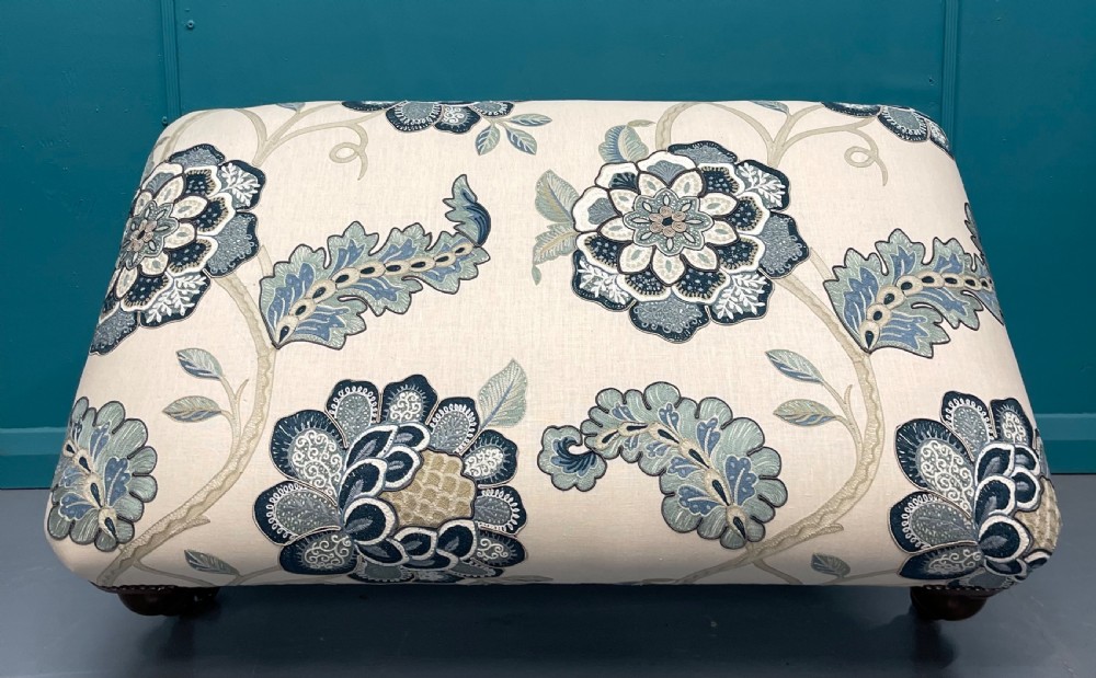Newly upholstered ottoman footstool on bulbous legs View VII