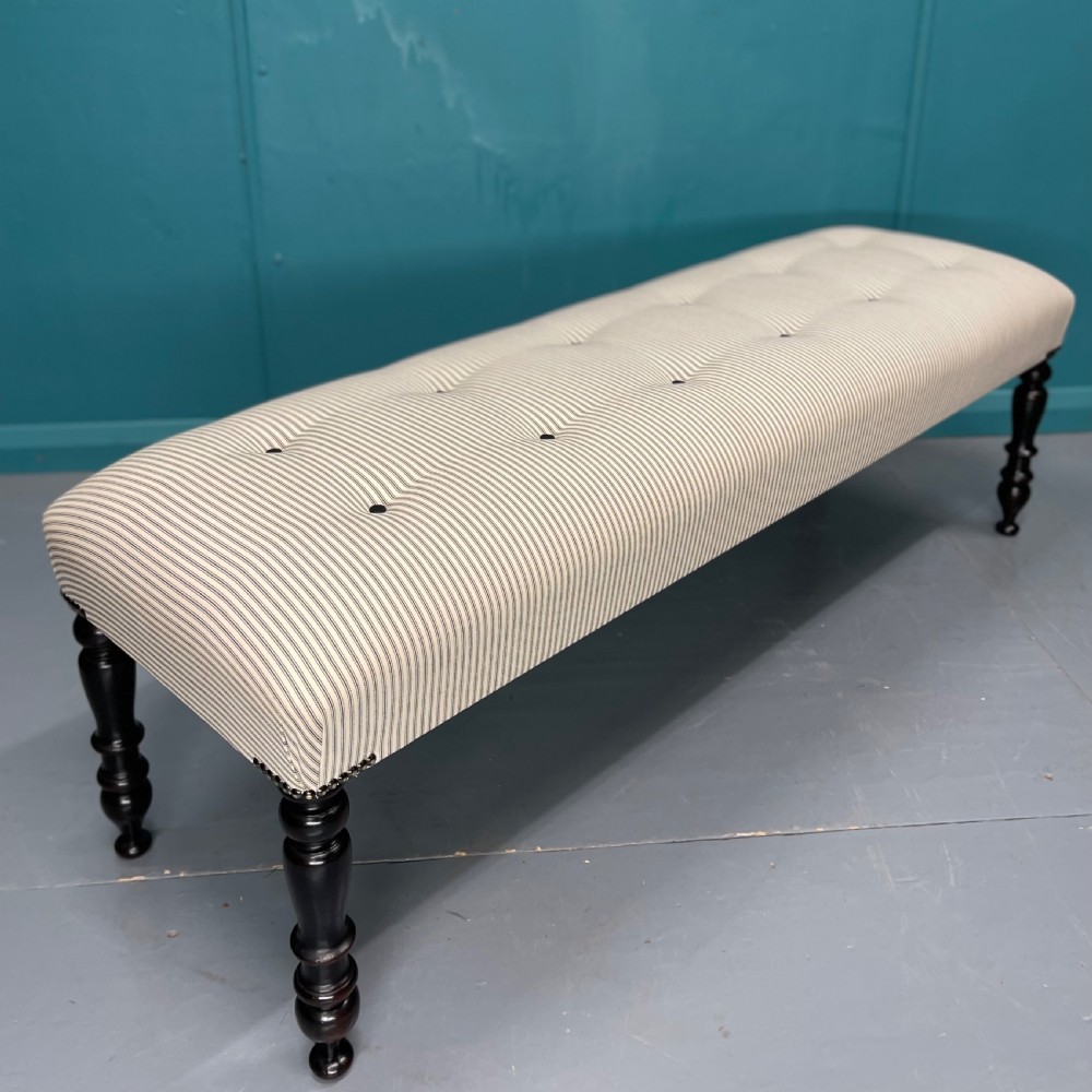 Victorian buttoned long stool on ebonised legs View IV