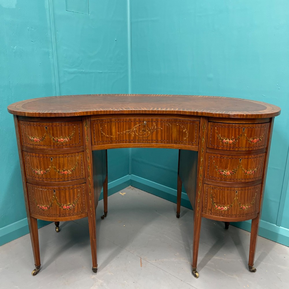 Satinwood kidney desk with original painted decoration