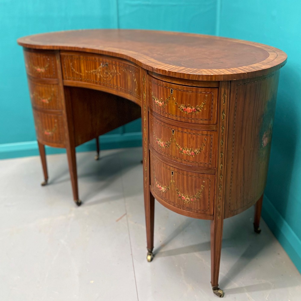 Satinwood kidney desk with original painted decoration View II