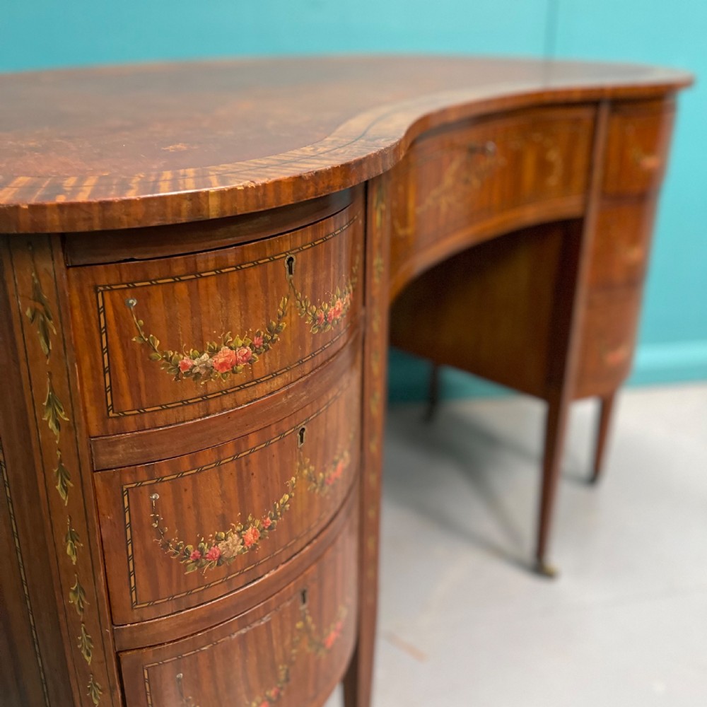 Satinwood kidney desk with original painted decoration View III