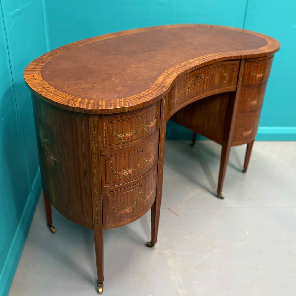 Satinwood kidney desk with original painted decoration View V