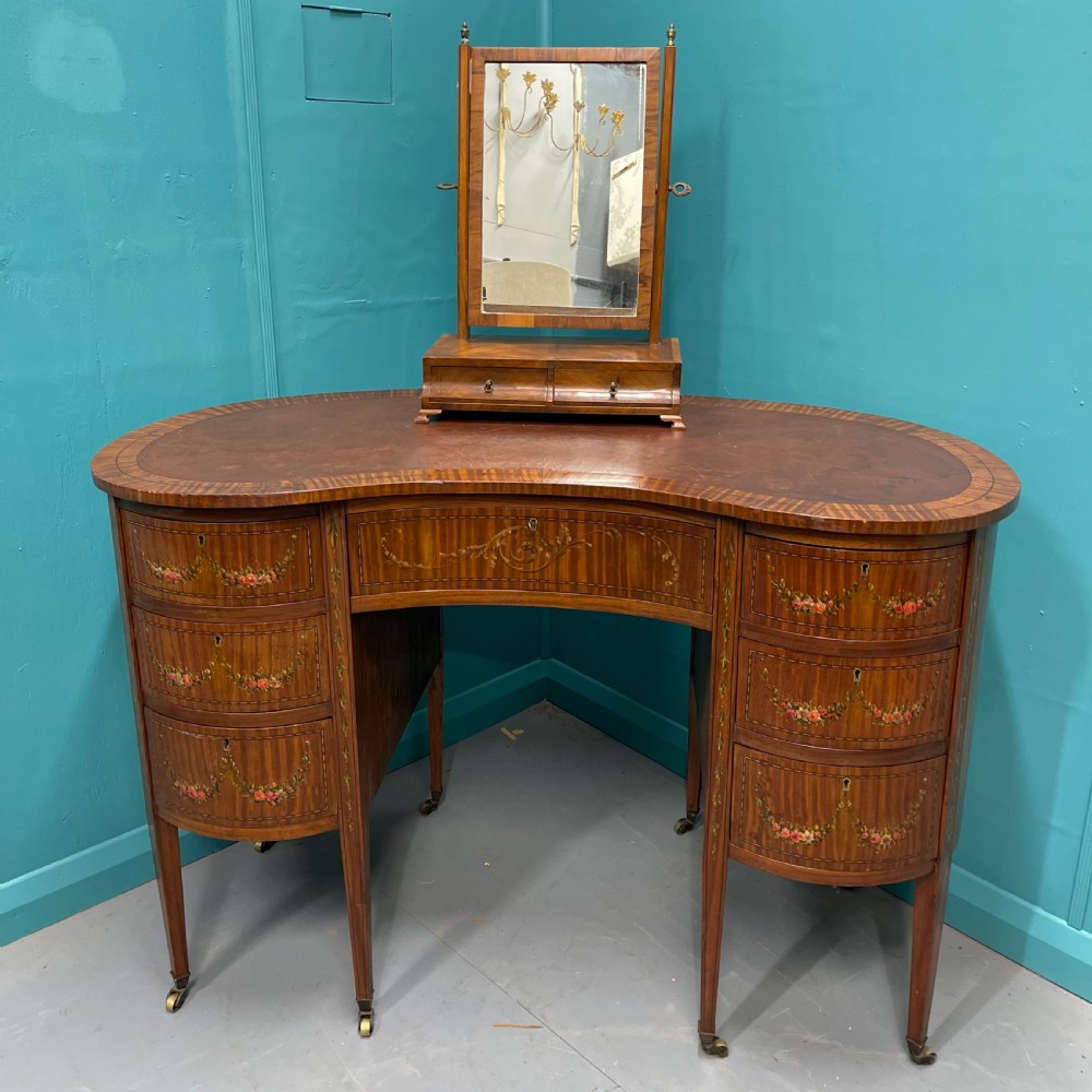 Satinwood kidney desk with original painted decoration View X