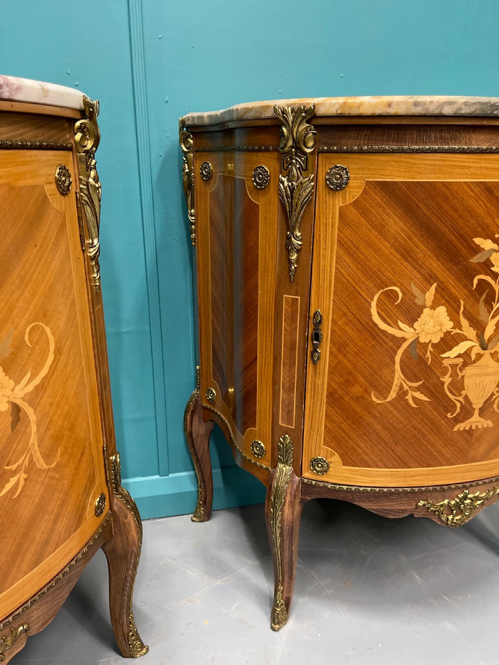 Pair of French marble top pier cabinets View V