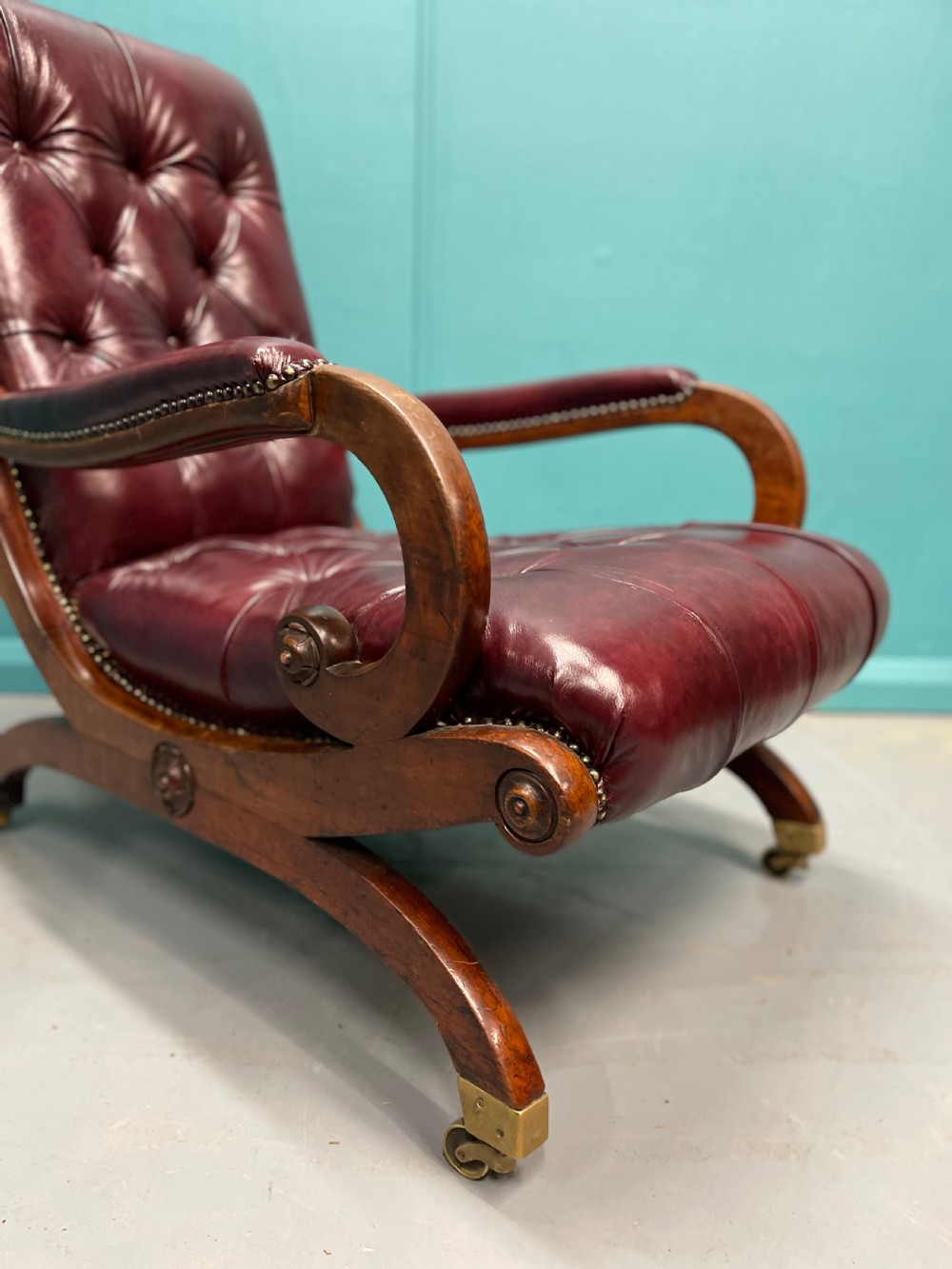 Gillows “Spanish” scroll arm Regency leather armchair View II
