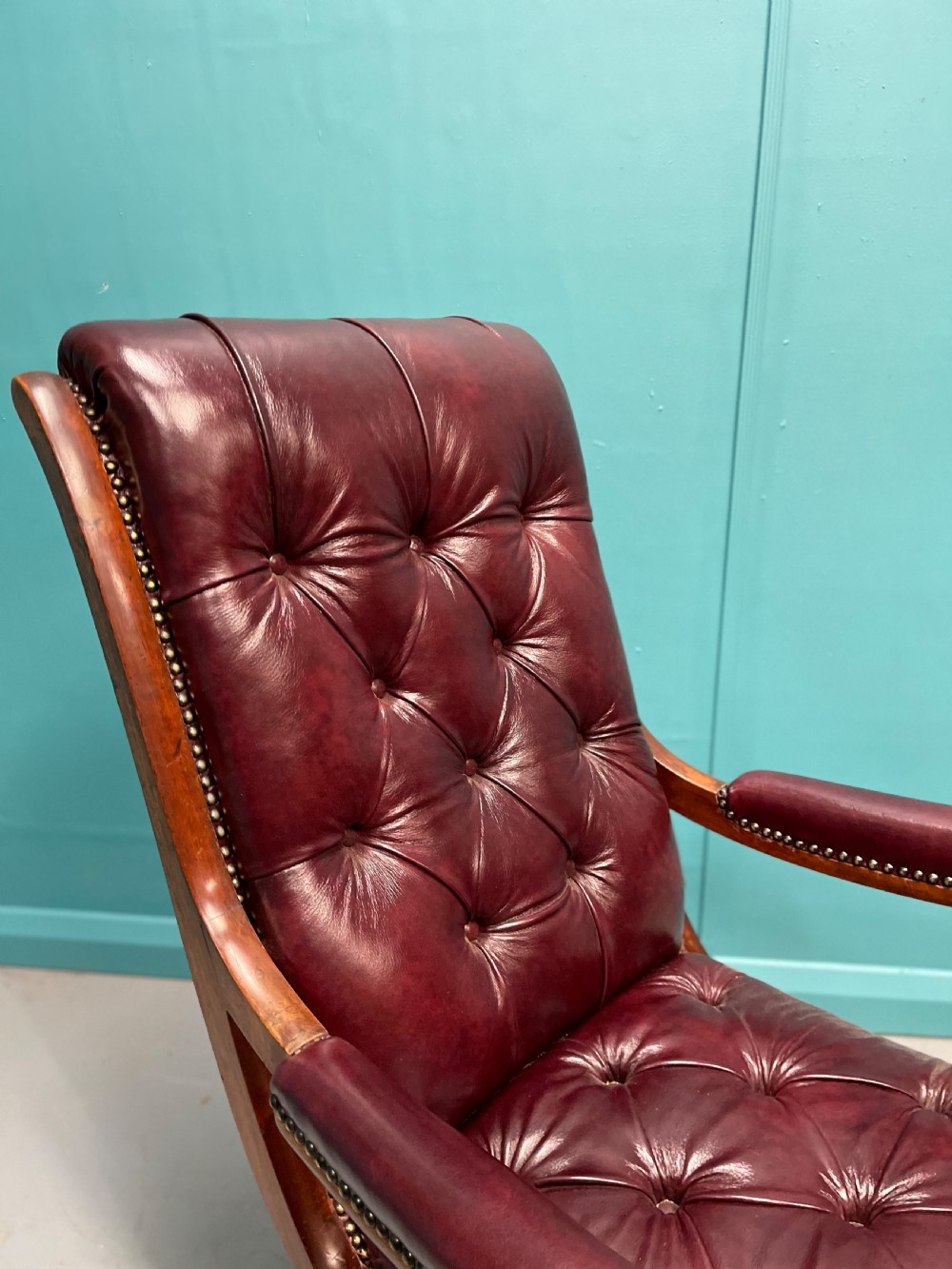 Gillows “Spanish” scroll arm Regency leather armchair View III