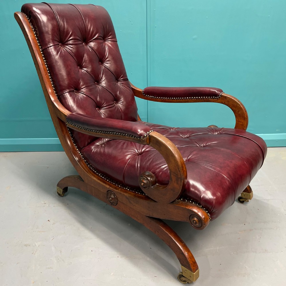Gillows “Spanish” scroll arm Regency leather armchair View V