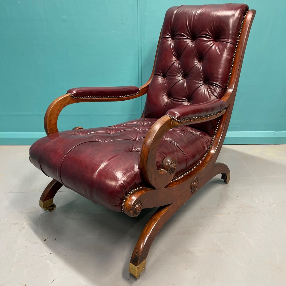 Gillows “Spanish” scroll arm Regency leather armchair