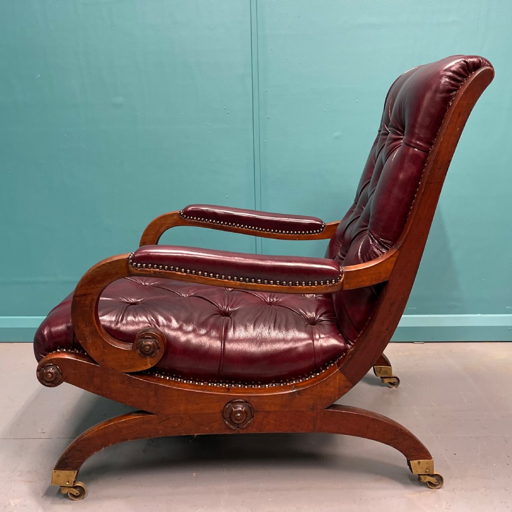Gillows “Spanish” scroll arm Regency leather armchair View VII