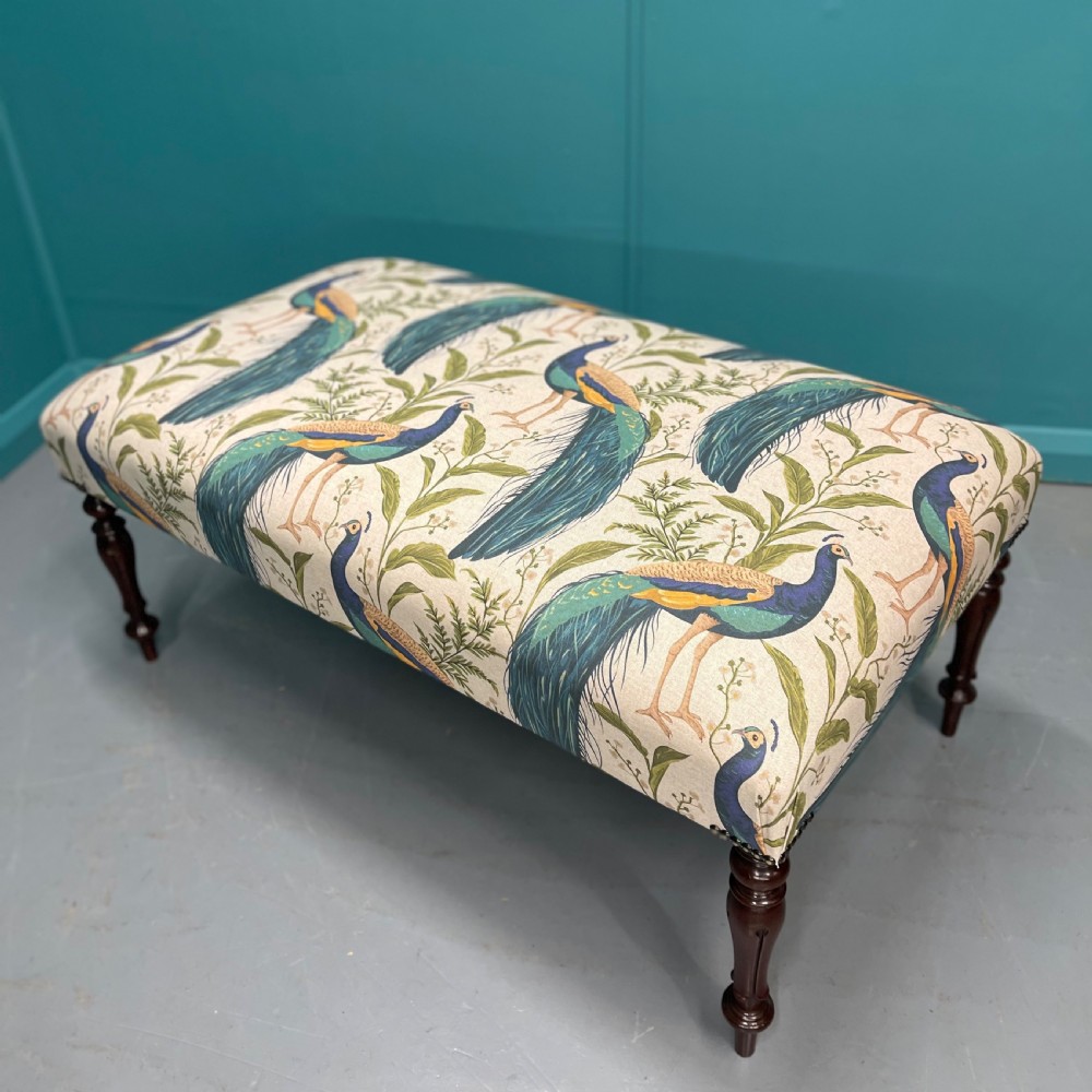 Newly upholstered peacocks ottoman footstool View II