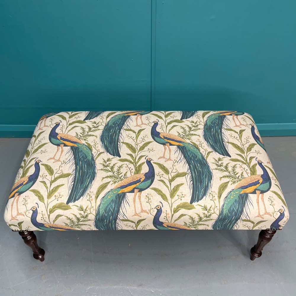 Newly upholstered peacocks ottoman footstool View III