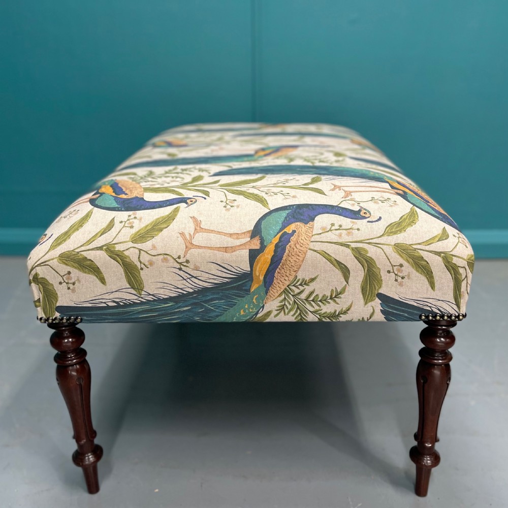 Newly upholstered peacocks ottoman footstool View IV
