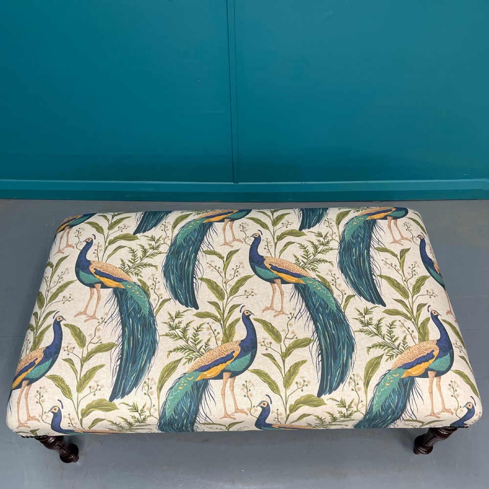 Newly upholstered peacocks ottoman footstool View IX