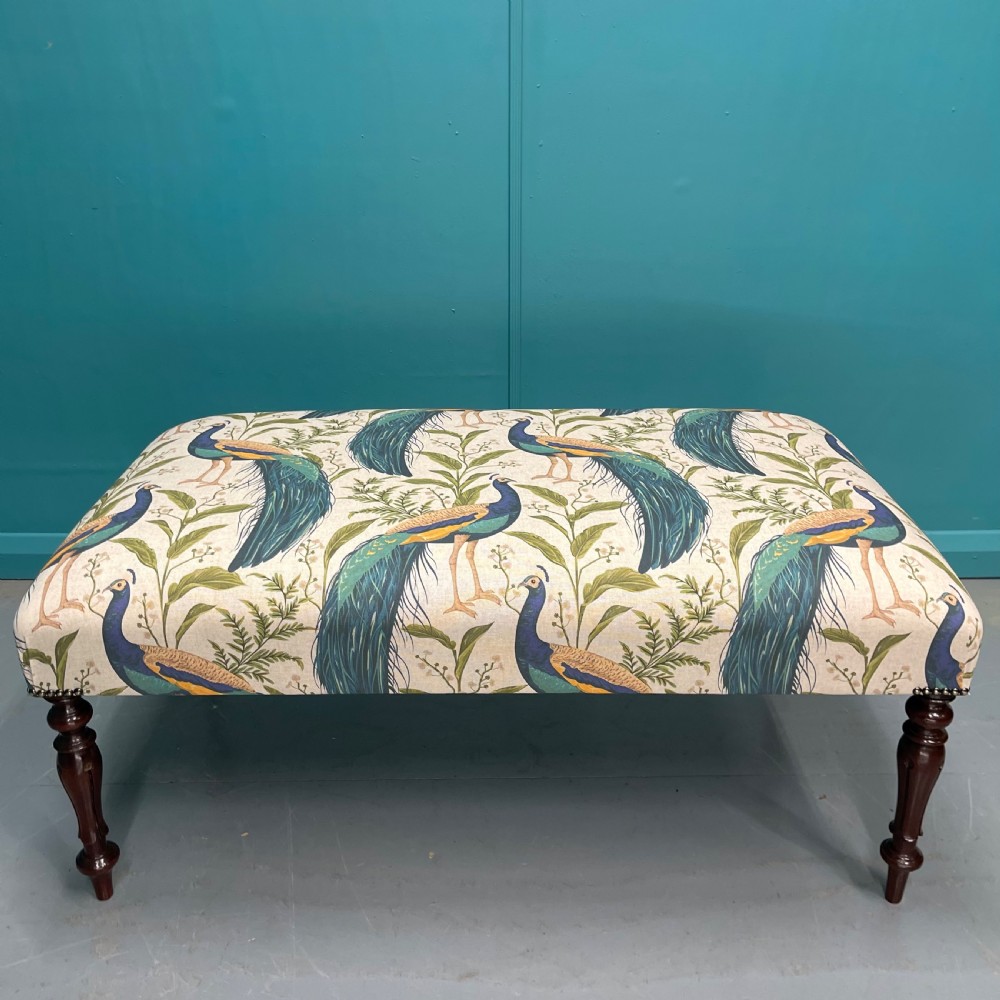 Newly upholstered peacocks ottoman footstool View X