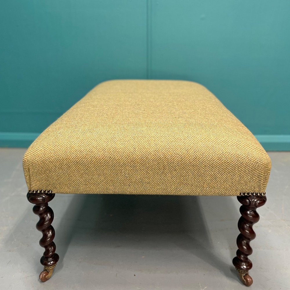 Newly upholstered tweed ottoman with barley twists View III