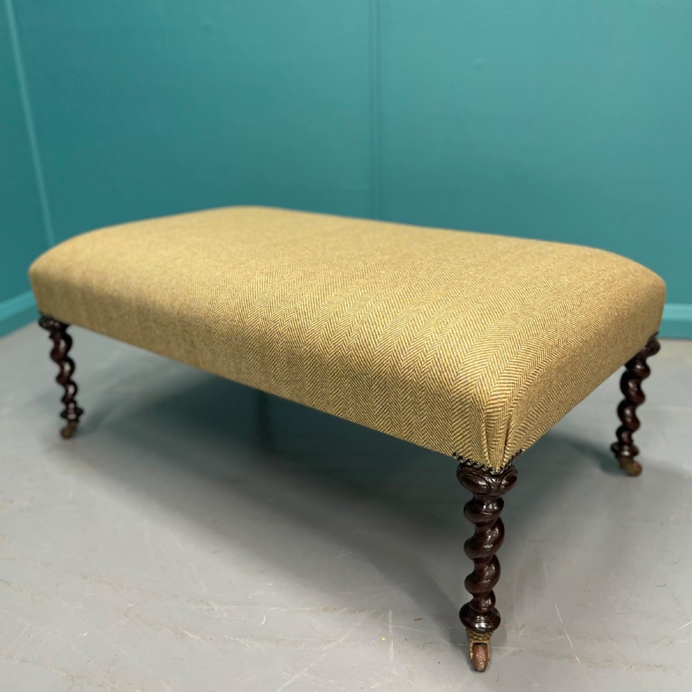 Newly upholstered tweed ottoman with barley twists View V