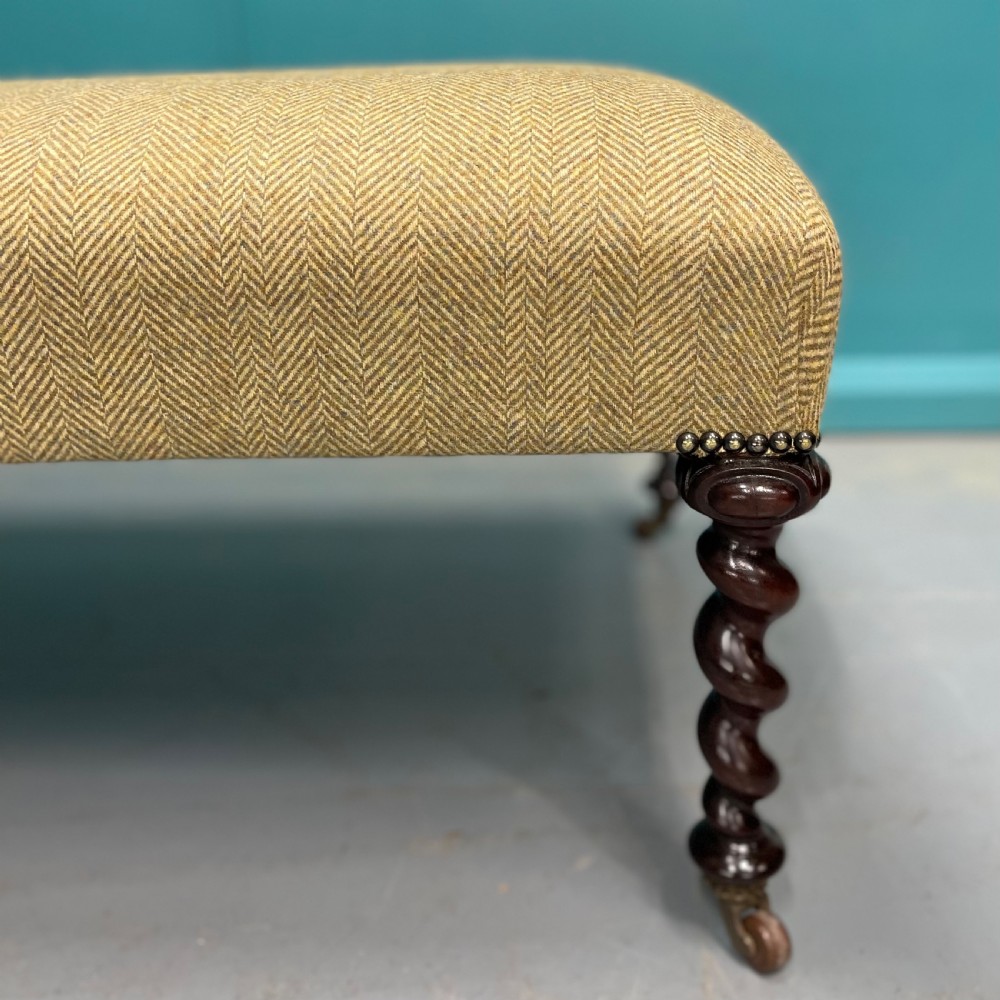 Newly upholstered tweed ottoman with barley twists View VI