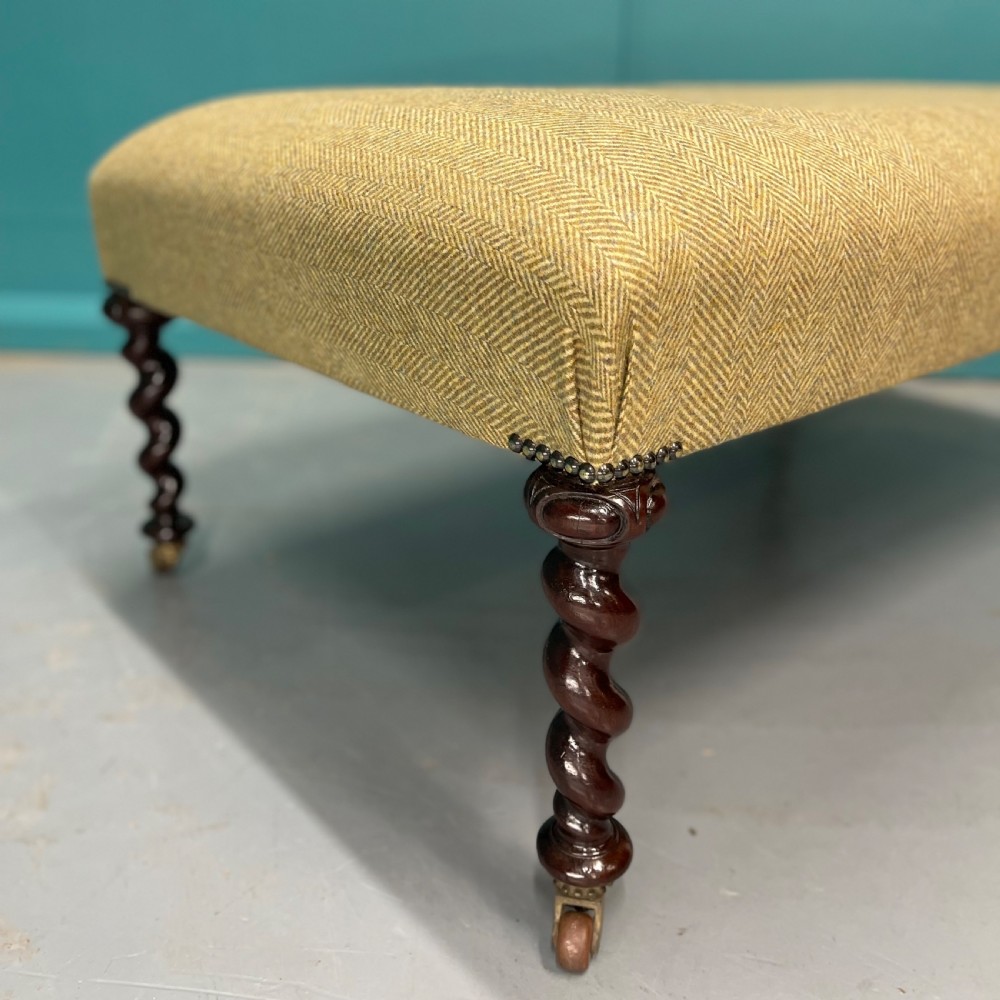 Newly upholstered tweed ottoman with barley twists View VII