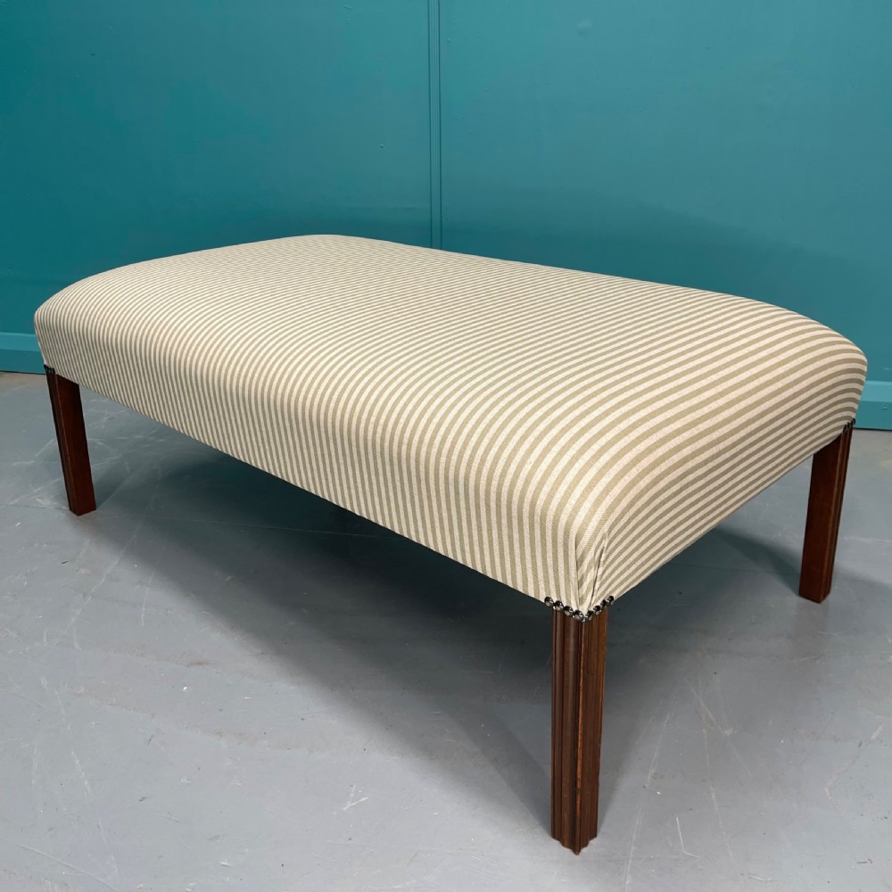 Newly upholstered olive stripe ottoman footstool View II