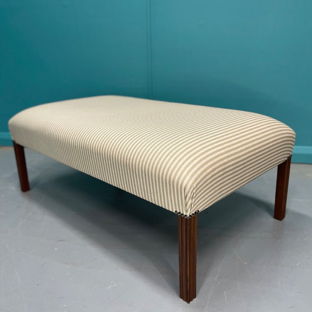 Newly upholstered olive stripe ottoman footstool View IV