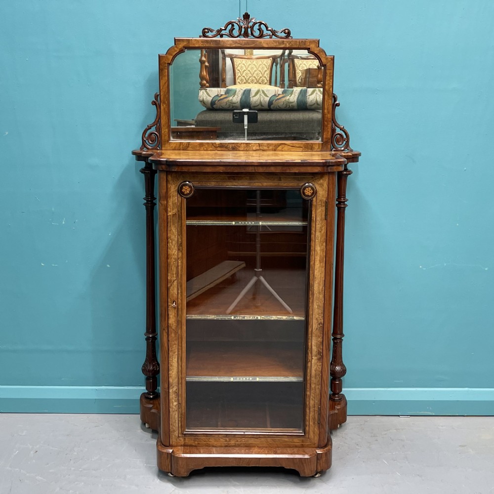 Burr walnut music pier cabinet with mirror back