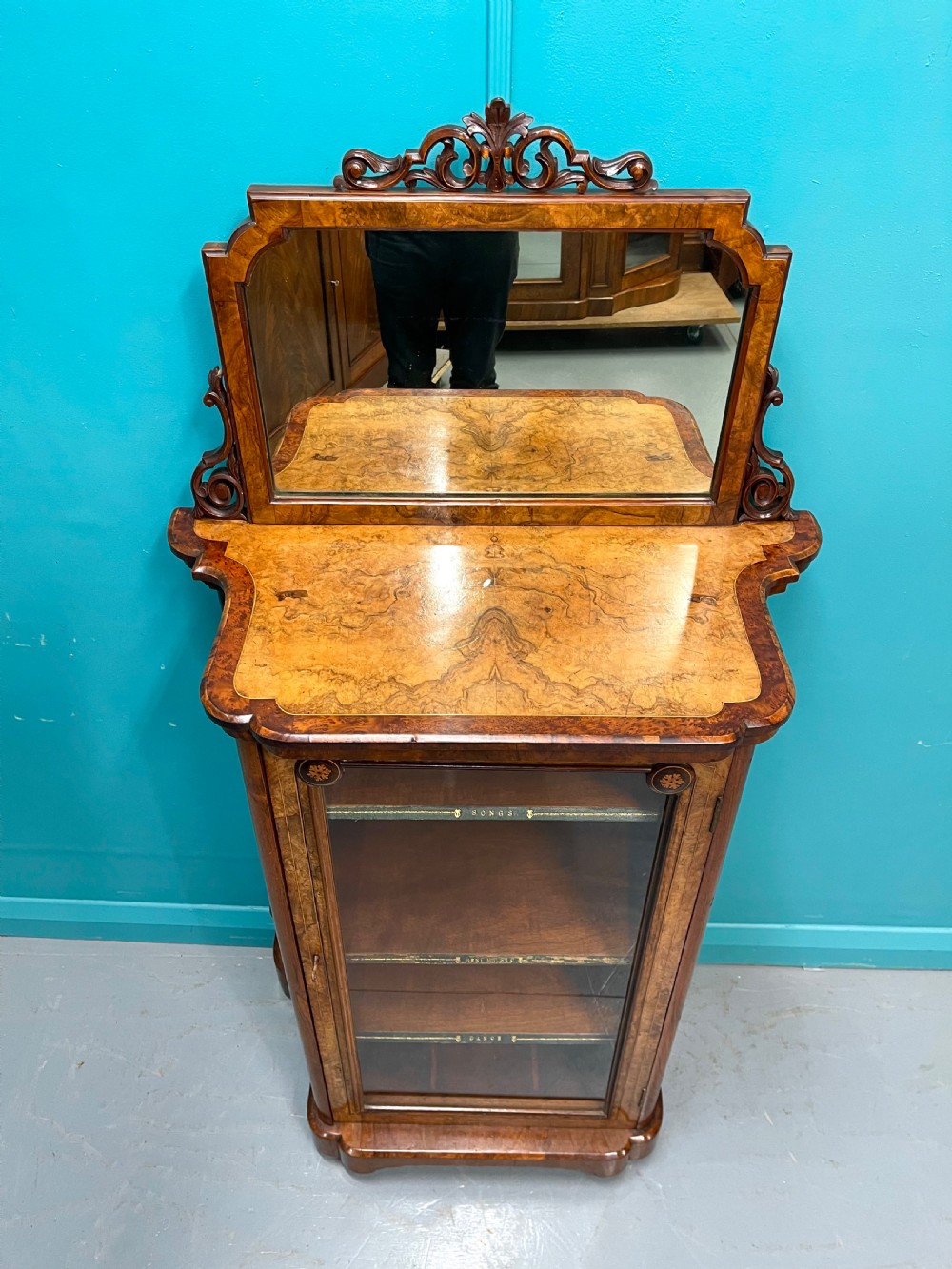 Burr walnut music pier cabinet with mirror back View IX