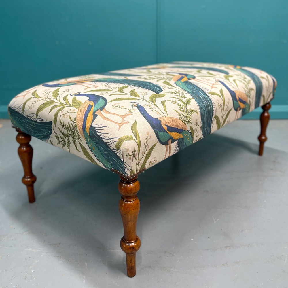 Newly upholstered ottoman footstool with peacocks View IV